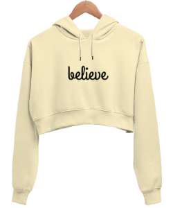 believe Krem Kadın Crop Hoodie Kapüşonlu Sweatshirt