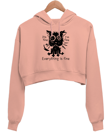 Tisho - Ben İyiyim Her Şey Yolunda - Its Fine - Perişan Kedi Yavru Ağzı Kadın Crop Hoodie Kapüşonlu Sweatshirt