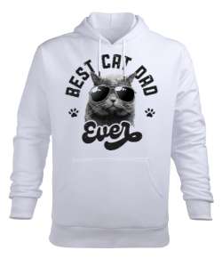 Best Cat Dad Ever Babalar Günü Tasarımı Beyaz Erkek Kapüşonlu Hoodie Sweatshirt