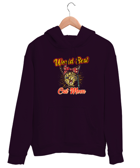 Tisho - Best Cat Mom - En İyi Kedi Anne Koyu Mor Unisex Kapşonlu Sweatshirt