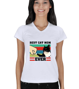 Best Cat Mom Ever Beyaz Kadın V Yaka