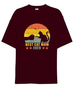 Best Cat Mom Ever V1 Bordo Oversize Unisex Tişört