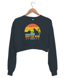 Best Cat Mom Ever V1 Füme Kadın Crop Sweatshirt