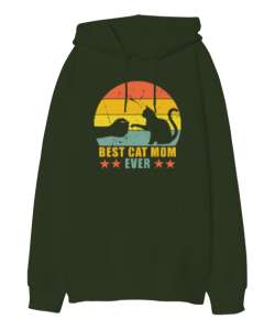 Best Cat Mom Ever V1 Haki Yeşili Oversize Unisex Kapüşonlu Sweatshirt