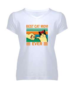 Best Cat Mom Ever V2 Beyaz Kadın V Yaka Tişört