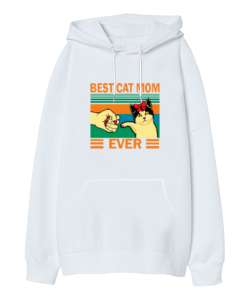 Best Cat Mom Ever V2 Beyaz Oversize Unisex Kapüşonlu Sweatshirt