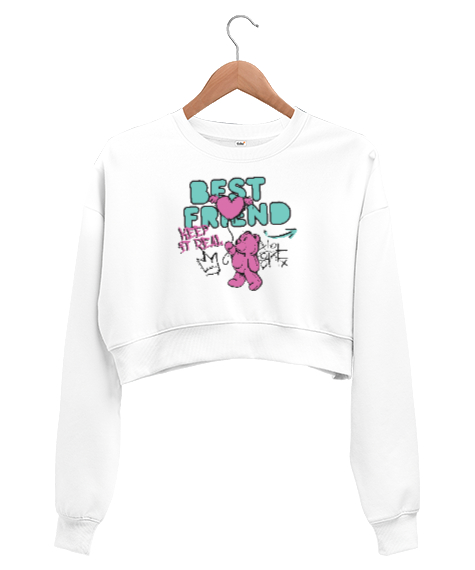 Tisho - Best Friend - En İyi Arkadaş - Sevimli Ayı Beyaz Kadın Crop Sweatshirt