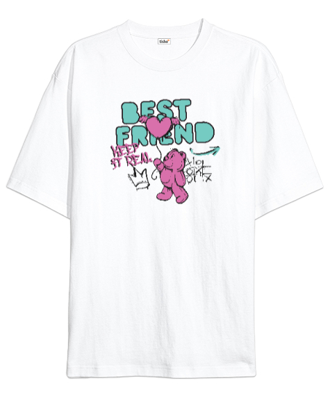 Tisho - Best Friend - En İyi Arkadaş - Sevimli Ayı Beyaz Oversize Unisex Tişört