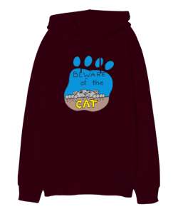 Beware Of The Cat - Kediye Dikkat Bordo Oversize Unisex Kapüşonlu Sweatshirt