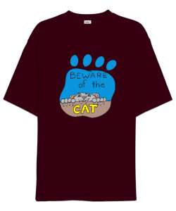 Beware Of The Cat - Kediye Dikkat Bordo Oversize Unisex Tişört