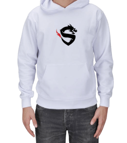 Beyaz Ejderha Desenli Sweatshirt Erkek Kapşonlu