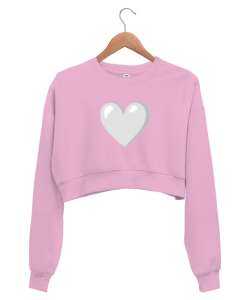 Beyaz kalp baskılı pembe Pembe Kadın Crop Sweatshirt