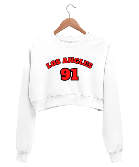 Tisho - Beyaz Los Angeles 91 Yazılı Beyaz Kadın Crop Sweatshirt