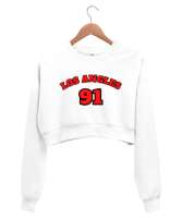 Beyaz Los Angeles 91 Yazılı Beyaz Kadın Crop Sweatshirt - Thumbnail