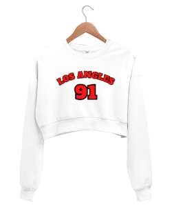 Beyaz Los Angeles 91 Yazılı Beyaz Kadın Crop Sweatshirt