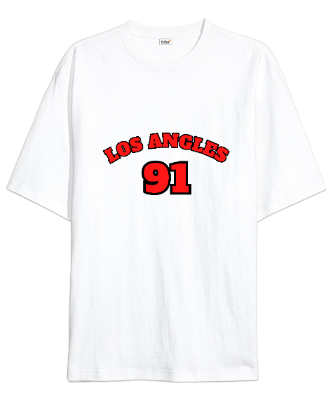 Tisho - Beyaz Los Angeles 91 Yazılı Beyaz Oversize Unisex Tişört