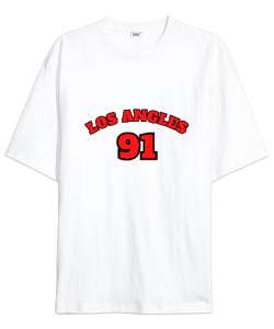 Beyaz Los Angeles 91 Yazılı Beyaz Oversize Unisex Tişört