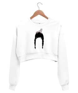 Beyaz Uzun Kollu Tasarım Beyaz Kadın Crop Sweatshirt