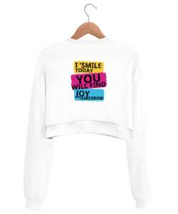 Beyaz ve canlı renklerle ve motivasyon ifadeleriyle Beyaz Kadın Crop Sweatshirt