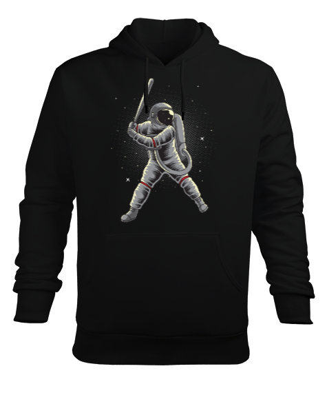 Beysbol Oynayan Astronot - Astronaut playing Baseball Baskılı Siyah Erkek Kapüşonlu Hoodie Sweatshirt