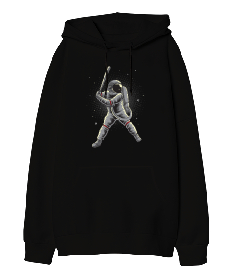 Beysbol Oynayan Astronot - Astronaut playing Baseball Baskılı Siyah Oversize Unisex Kapüşonlu Sweatshirt