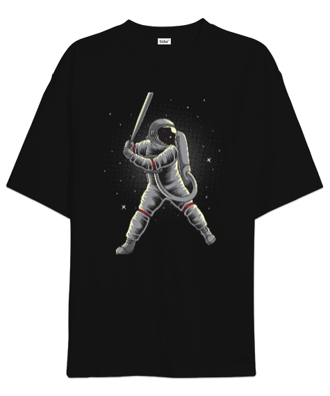 Beysbol Oynayan Astronot - Astronaut playing Baseball Baskılı Siyah Oversize Unisex Tişört