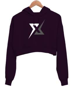 Bilinmez - X Harfi Koyu Mor Kadın Crop Hoodie Kapüşonlu Sweatshirt