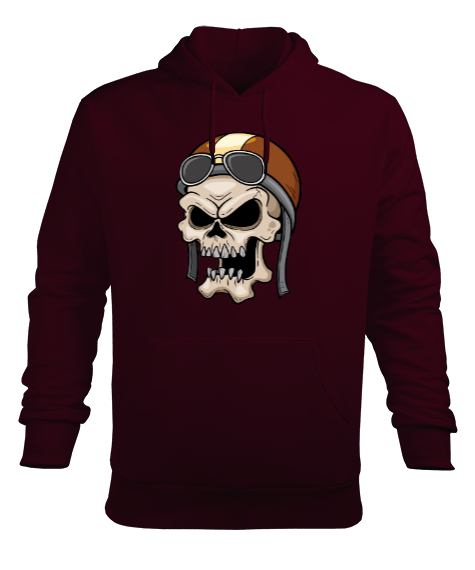 Bir Şapka İle Kafatası İskelet Kafa Bordo Erkek Kapüşonlu Hoodie Sweatshirt