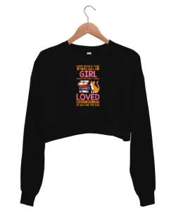 Bir Zamanlar Kedi ve Kitap Seven Kız - Book - Cat Siyah Kadın Crop Sweatshirt