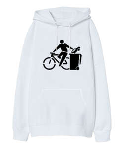 Bisiklet - Arabalar Çöpe- Beyaz Oversize Unisex Kapüşonlu Sweatshirt