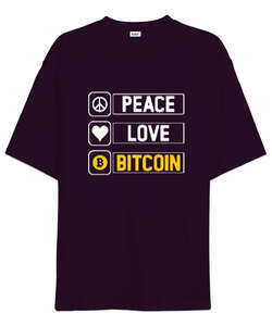 Bitcoin Routine - Peace, Love- Crypto Koyu Mor Oversize Unisex Tişört