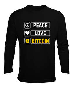 Bitcoin Routine - Peace, Love- Crypto Siyah Erkek Uzun Kol Yazlık Tişört