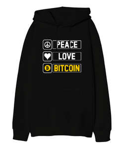 Bitcoin Routine - Peace, Love- Crypto Siyah Oversize Unisex Kapüşonlu Sweatshirt