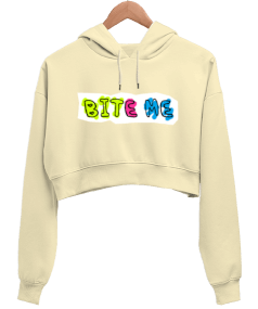 Bite Me Baskılı Kadın Crop Hoodie Kapüşonlu Sweatshirt