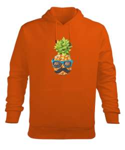 Bıyıklı ananas baskılı Turuncu Erkek Kapüşonlu Hoodie Sweatshirt