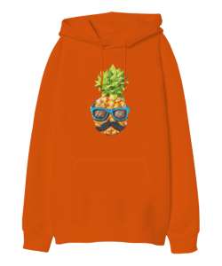 Bıyıklı ananas baskılı Turuncu Oversize Unisex Kapüşonlu Sweatshirt