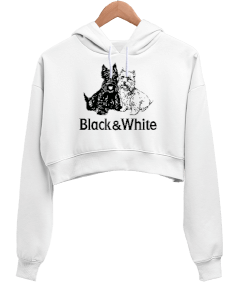 Black White Kadın Crop Hoodie Kapüşonlu Sweatshirt