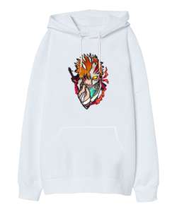 Bleach Anime Tasarım Baskılı Beyaz Oversize Unisex Kapüşonlu Sweatshirt