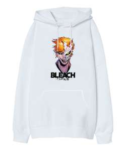 Bleach Anime Tasarım Baskılı Beyaz Oversize Unisex Kapüşonlu Sweatshirt