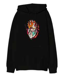 Bleach Anime Tasarım Baskılı Siyah Oversize Unisex Kapüşonlu Sweatshirt