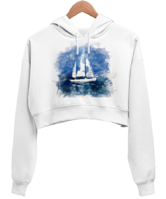 blue Kadın Crop Hoodie Kapüşonlu Sweatshirt