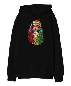 Bob marley aslan baskılı Siyah Oversize Unisex Kapüşonlu Sweatshirt