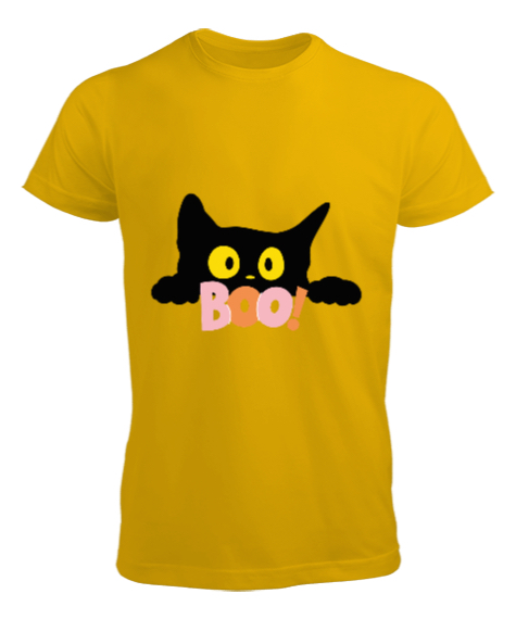 Tisho - Boo Diyen Siyah Kedi Tasarımı Sarı Erkek Tişört
