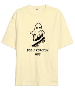 Boo Korktun mu? Komik Bebek Hayalet ve Kaykay Krem Oversize Unisex Tişört