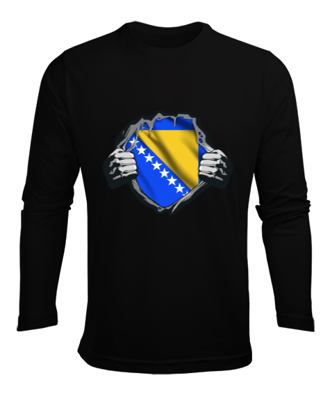 Bosnia,Bosna,Bosna Bayrağı,Bosna logosu,Bosnia flag. Siyah Erkek Uzun Kol Yazlık Tişört