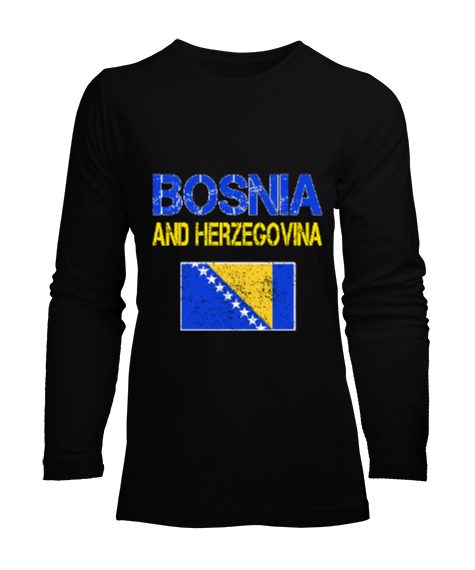 Bosnia,Bosna,Bosna Bayrağı,Bosna logosu,Bosnia flag. Siyah Kadın Uzun Kol Tişört