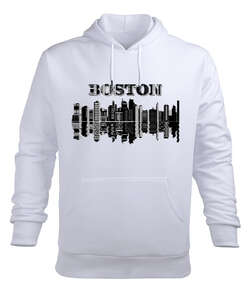 Boston Beyaz Erkek Kapüşonlu Hoodie Sweatshirt