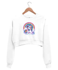 Boynuzlu At - Bulut ve Gökkuşağı Beyaz Kadın Crop Sweatshirt