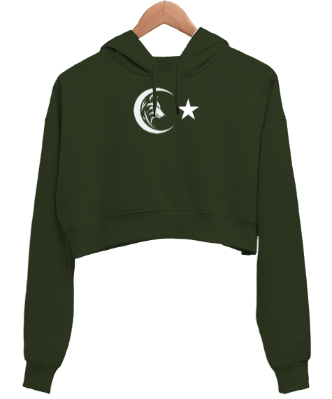 Tisho - Bozkurt Türkiye Haki Yeşili Kadın Crop Hoodie Kapüşonlu Sweatshirt