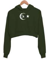 Bozkurt Türkiye Haki Yeşili Kadın Crop Hoodie Kapüşonlu Sweatshirt - Thumbnail